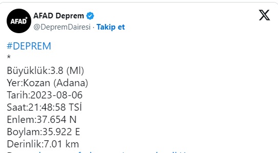 Adana'da 3.8 Büyüklüğünde Deprem Meydana Geldi